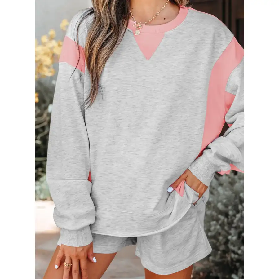 Block Long Sleeve Sweatshirt and Shorts Set