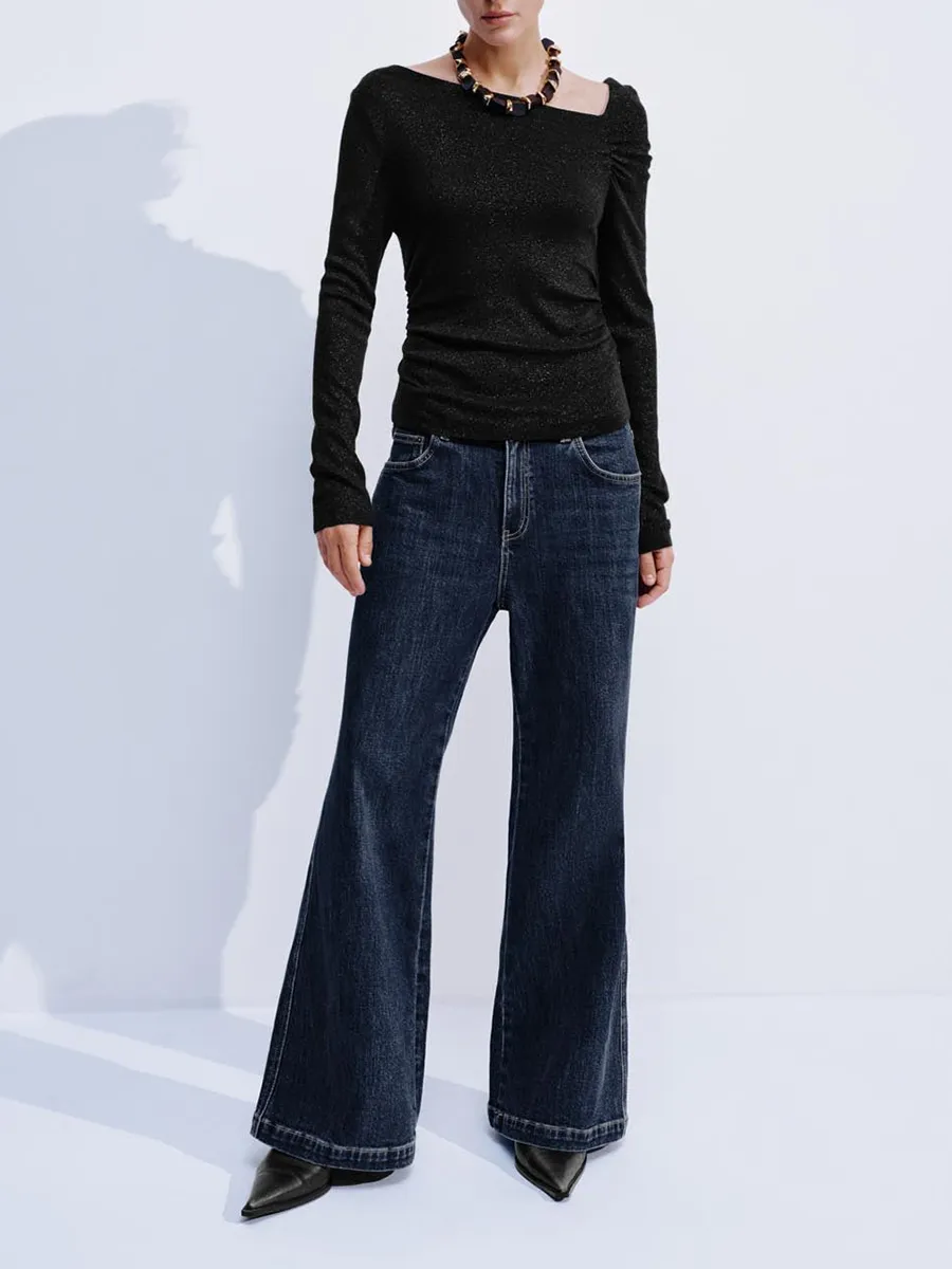 Lady's Shiny Asymmetrical Shoulder T-Shirt