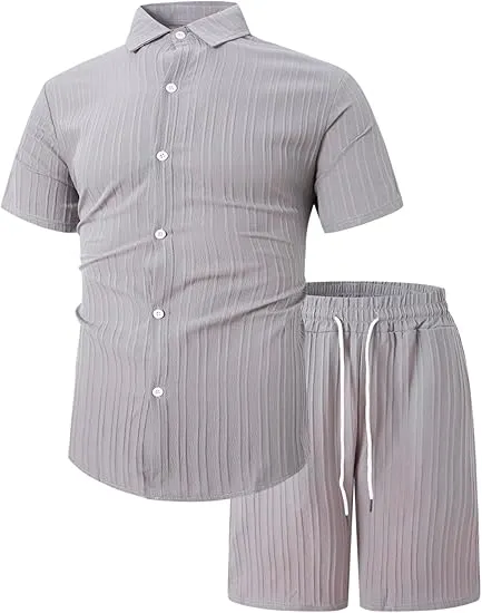 Men'S Solid Textured Short Sleeve Button Front Shirt & Pocket Drawstring Waist Shorts Two-Piece Set, Casual Summer Outfits Clothes Set For Men, Sets For Men Clothing, Menswear,  Summer Outfits Set