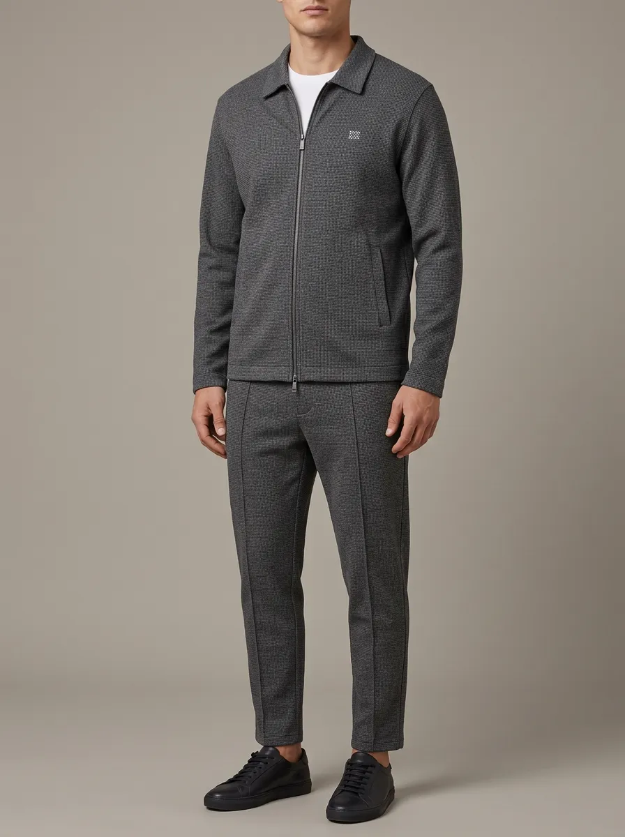 Men's Classic Textured Minimal Polo Collar Jacket and Jogger Pants Set