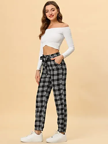 Women's Plaid Sweatpants Casual Tapered Tie High Waisted Tartan Pants with Pockets