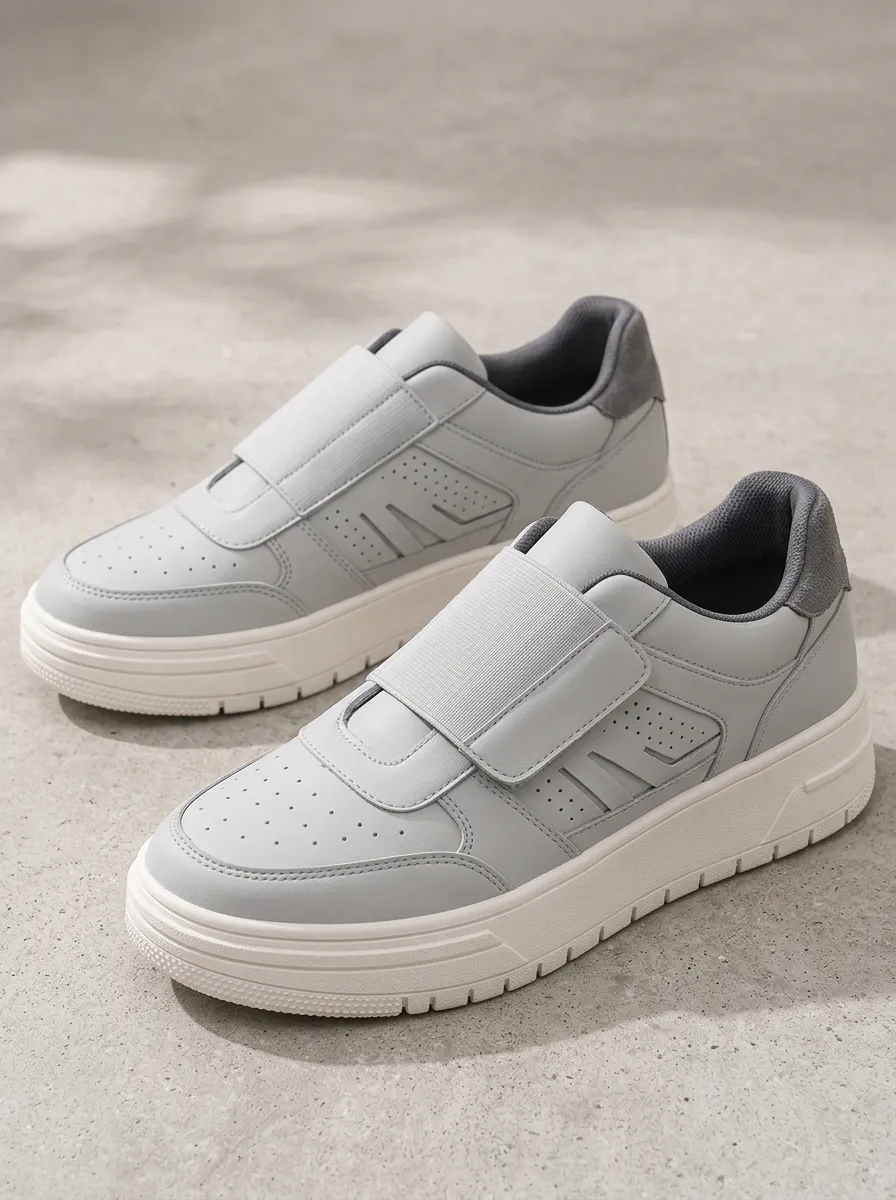 Women's Casual Minimalist Grey Hook-and-Loop Platform Sneakers