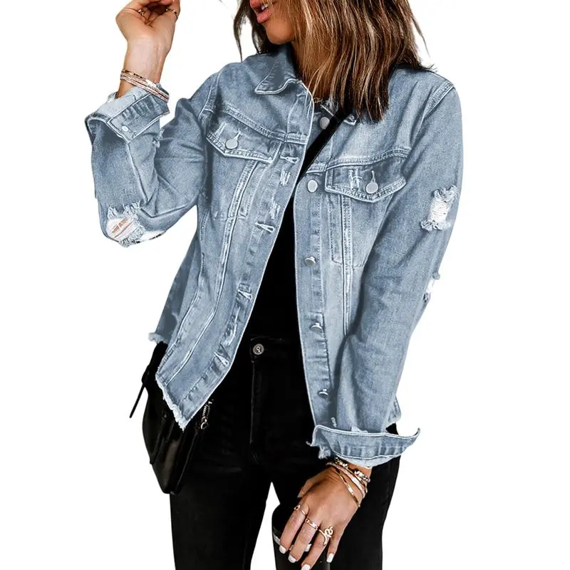 Women's Jean Jackets Casual Non Stretch Boyfriend Washed Coats Distressed Ripped Lapel Long Sleeve Denim Outwear Tops 2025 Womenswear Fall Winter Outfits Fitted Basic