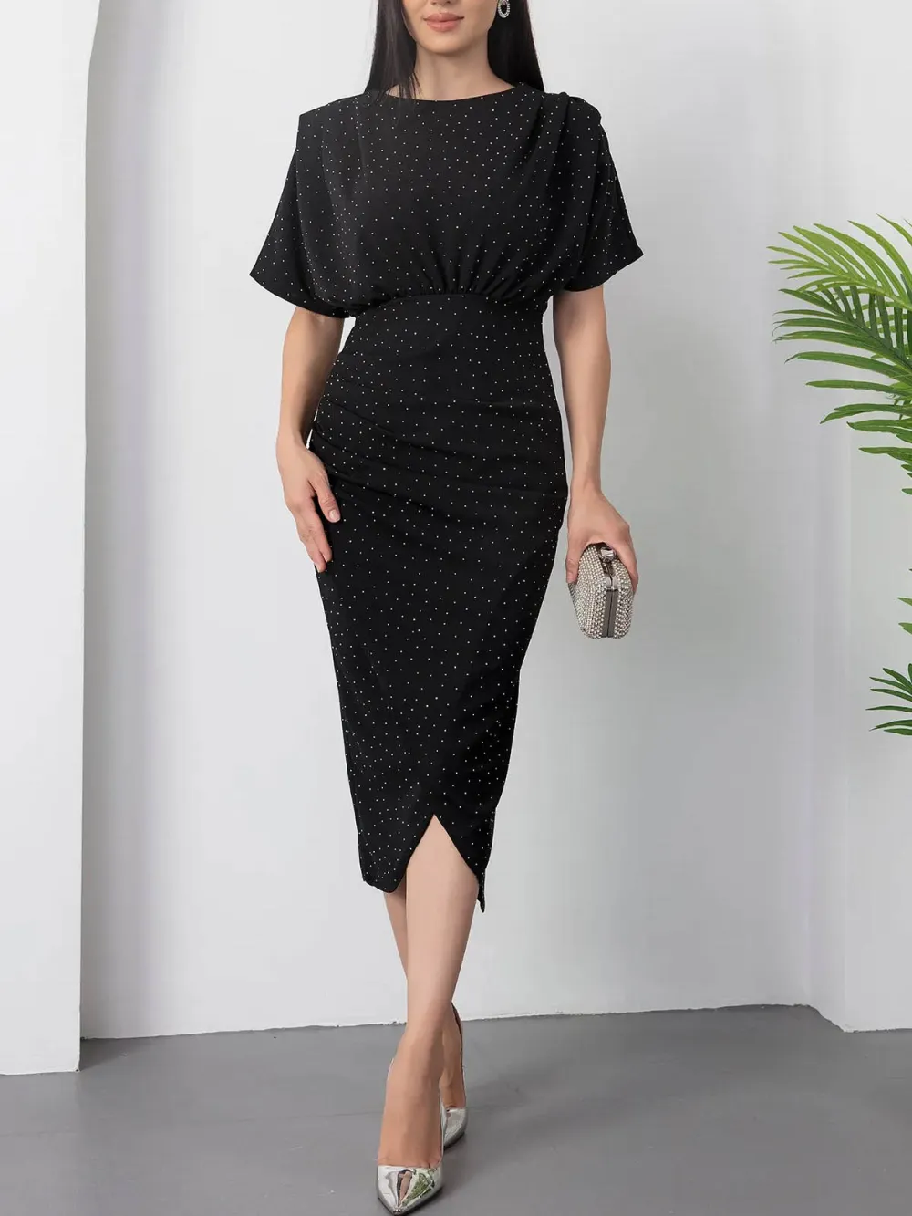 Elegant Round Neck Polka Dot Print Midi Dress