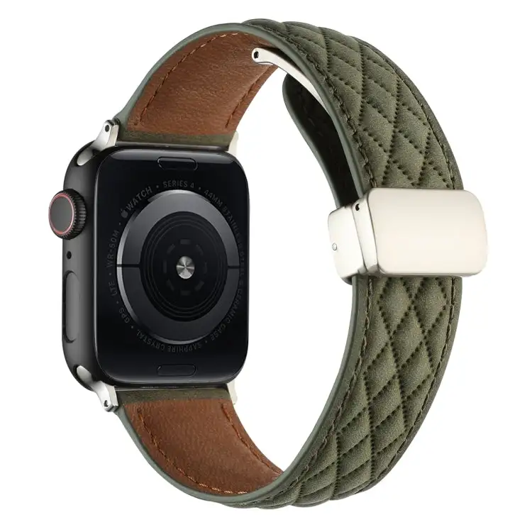 Rhombus Pattern Magnetic Folding Buckle Leather Watch Band for Watch Series 4 40 mm - Army Green