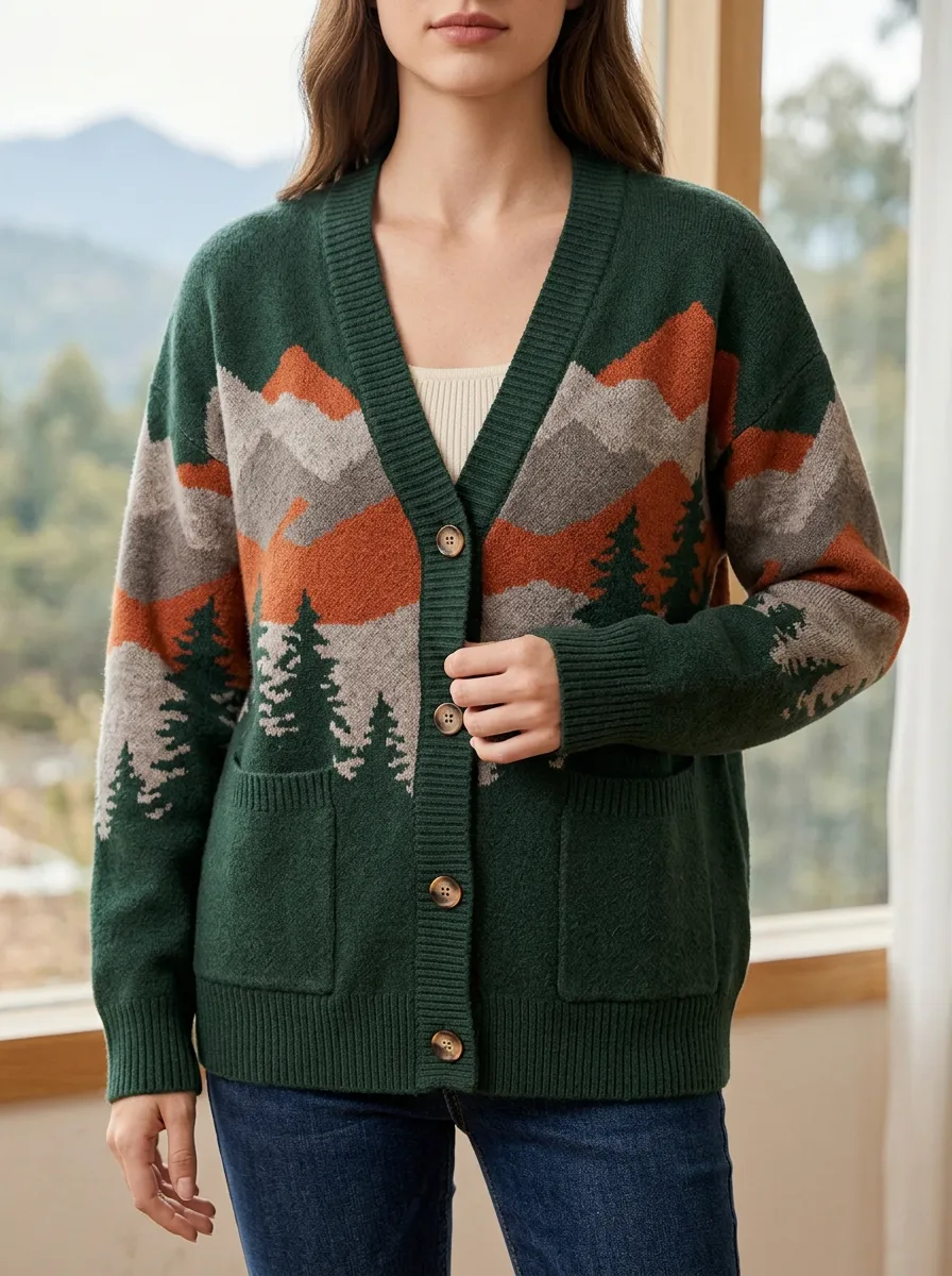 Women's Nature Lover Mountain Forest Printed Ribbed Trim Casual Wardrobe Cardigan