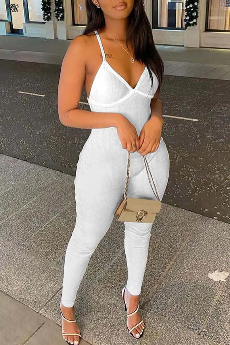 Sexy Casual Solid Backless Spaghetti Strap Skinny Jumpsuits