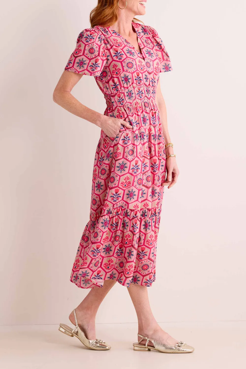 Pink Floral Print Short Sleeve Tiered Maxi Dress