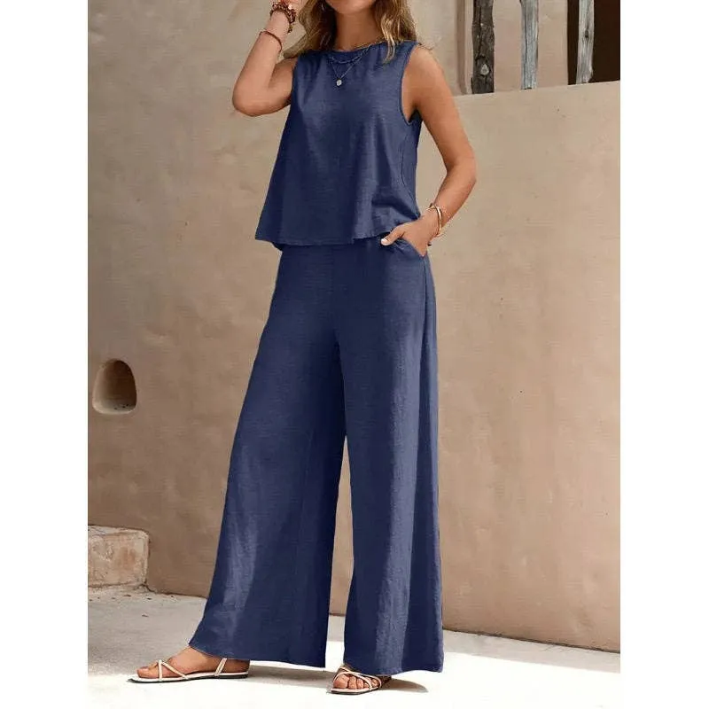 Solid Color Sleeveless Tank Top & Wide-leg Pants Set