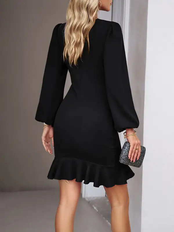 Bodycon Long Sleeve Falbala Solid Color Mini Dress