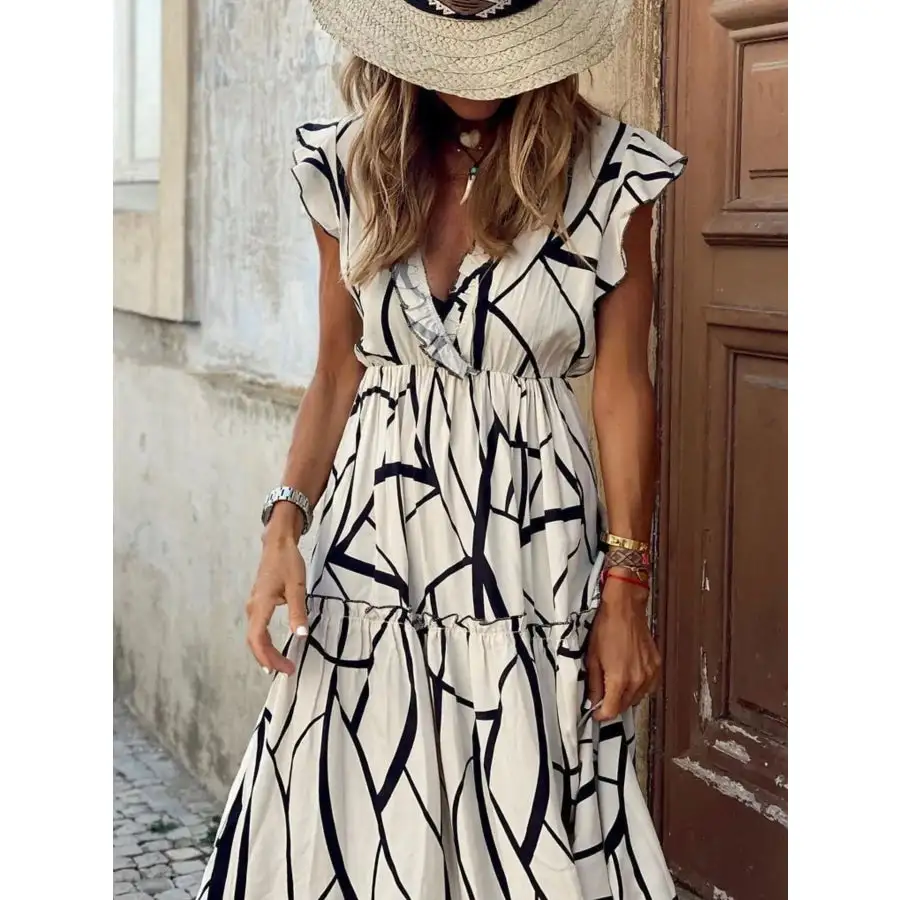 Abstract Ruffle Sleeve V-Neck Midi Dress