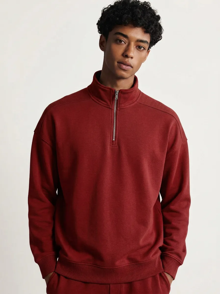 Men's Modern Minimalist Textured Stand-Collar Quarter-Zip Sweatshirt