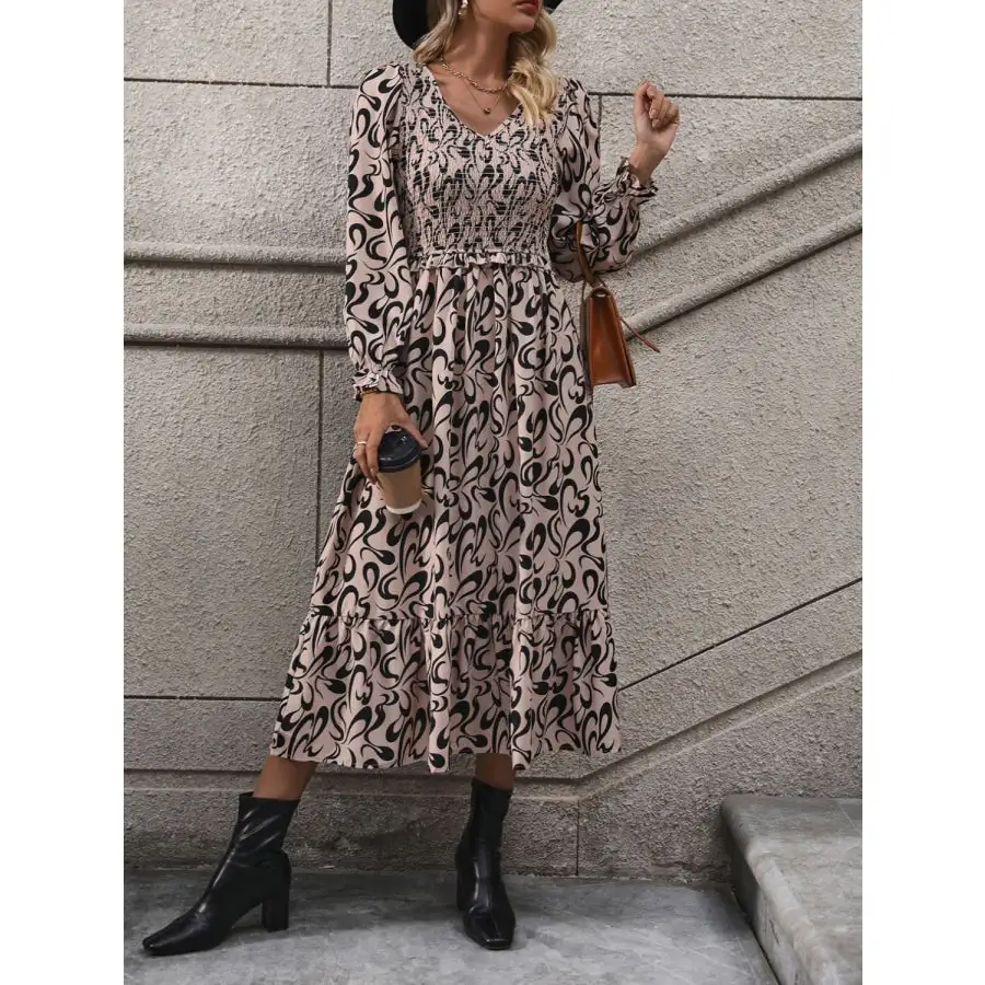 Modern Printed V-neck Long Sleeve Midi Dress