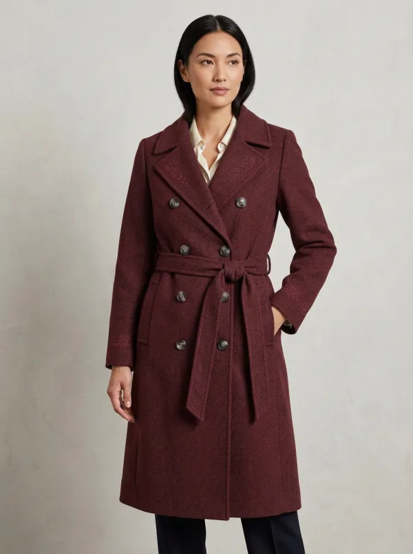Women's Geometric Pattern Embroidered Double-Breasted Wool Coat