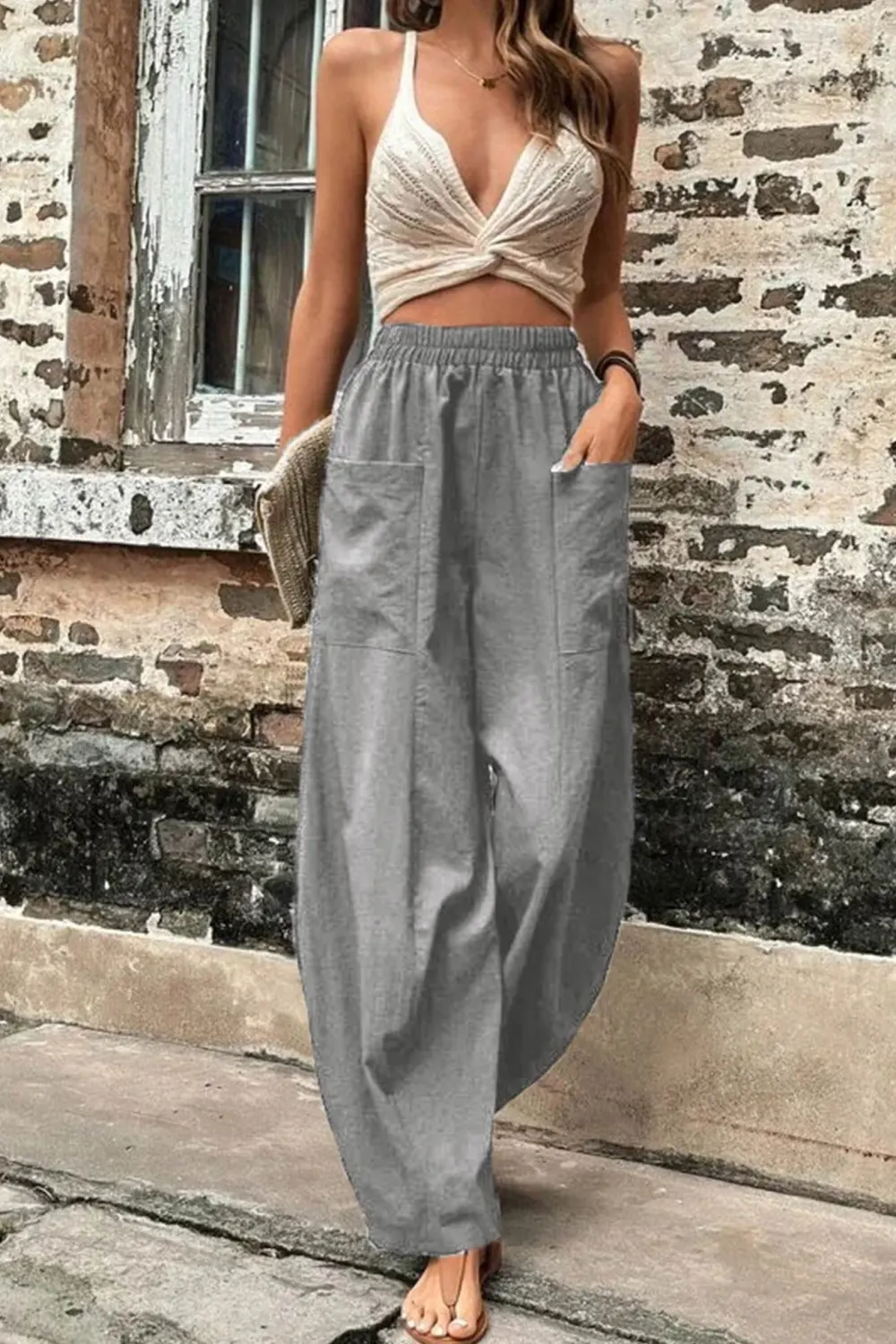Elastic Waist Pocket Harem Pants