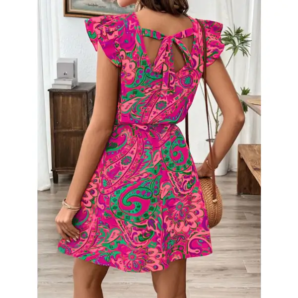 Paisley Print Ruffle Sleeve Mini Dress