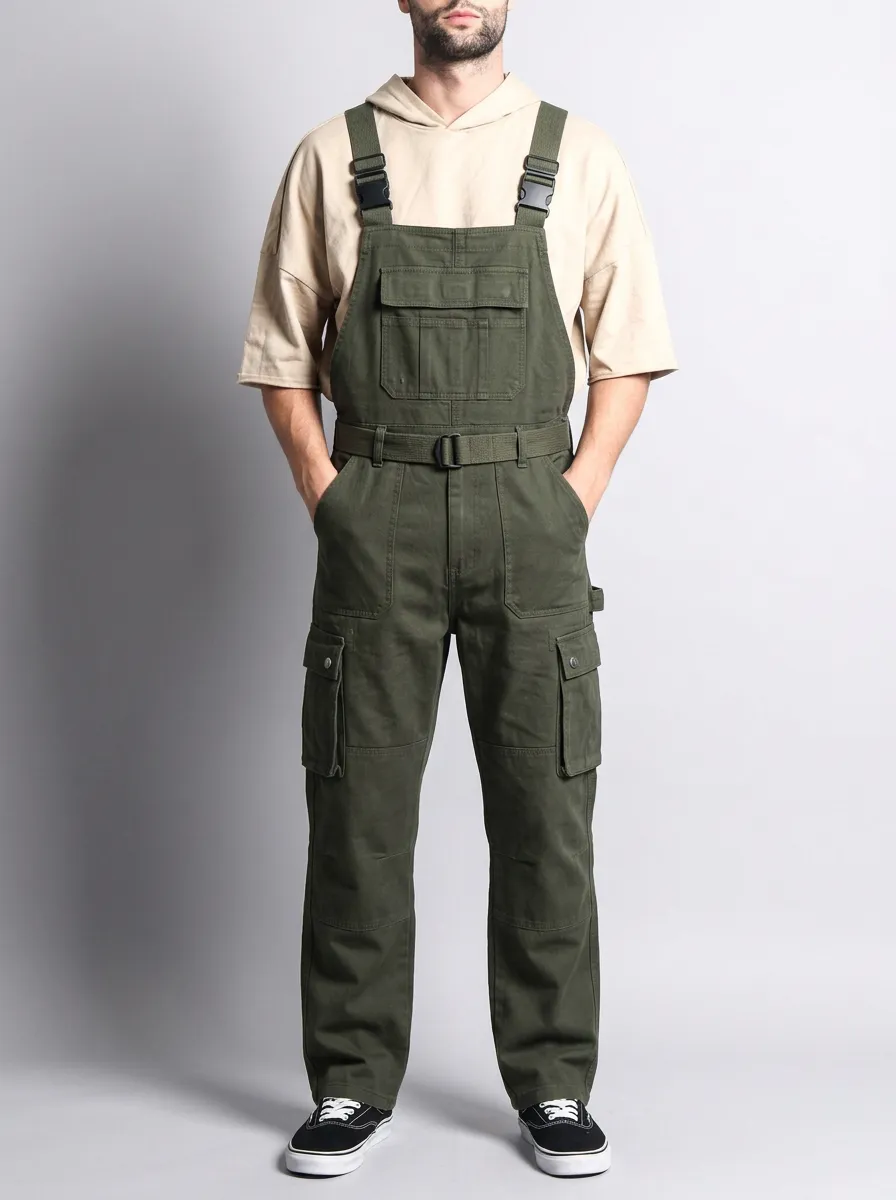 Men's Military Style Olive Green Cargo Bib Overalls