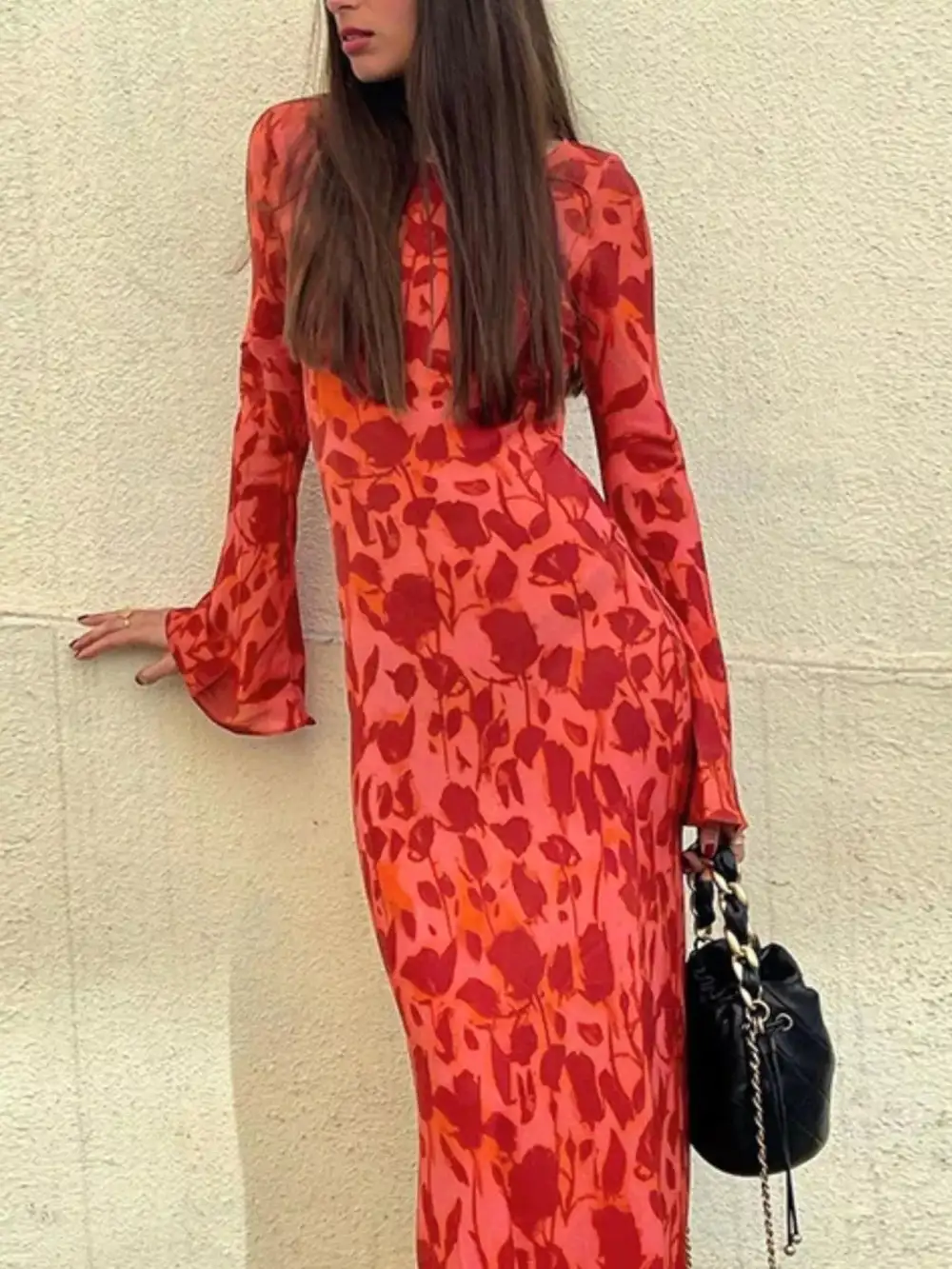 Textured Detail Floral Printed Maxi Dress