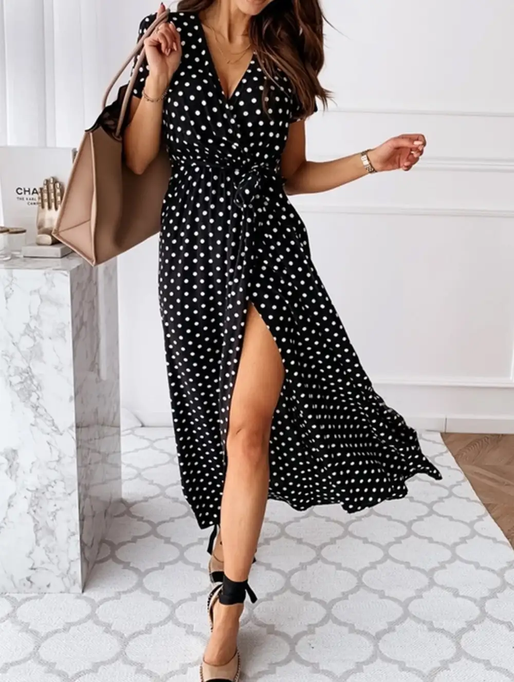 Bohemian V-Neck Polka Dot Dress Short Sleeve Flowy Fit