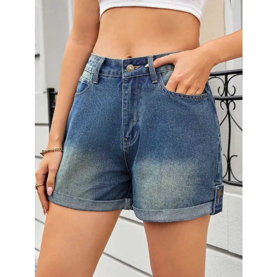 Buttoned Rolled Hem High Waist Pocketed Shorts