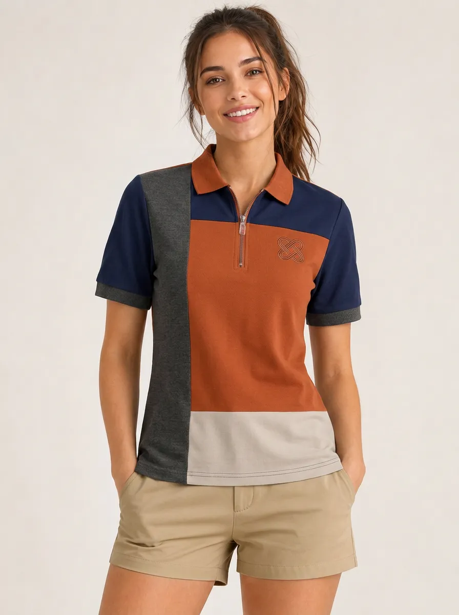 Women's Colorblock Geometric Logo Printed Zip Polo Shirt