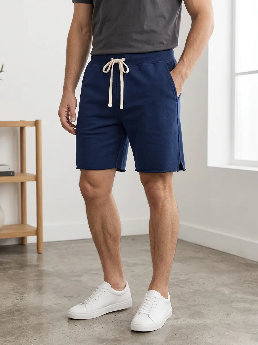 Men's Casual Athletic Drawstring Navy Blue Cotton Shorts
