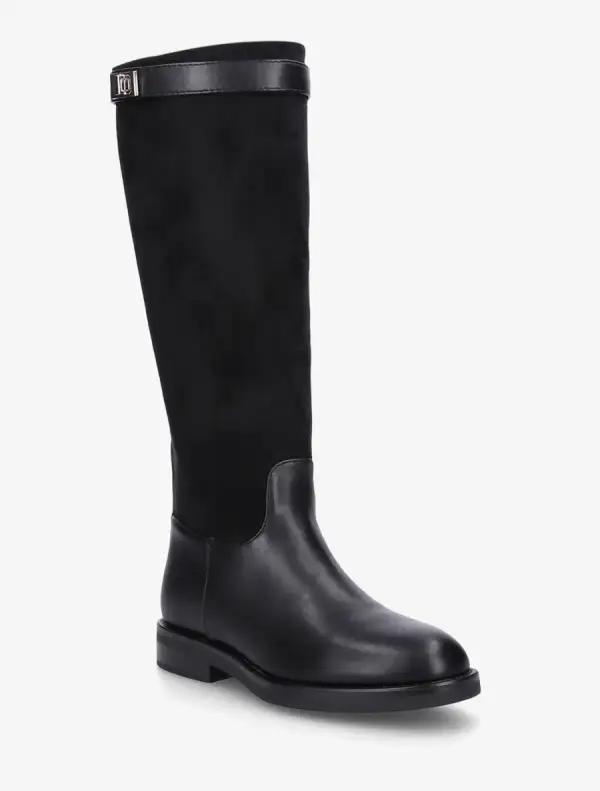 Refined Buckle Detail Block Heel Faux Suede Faux Leather Knee High Boots