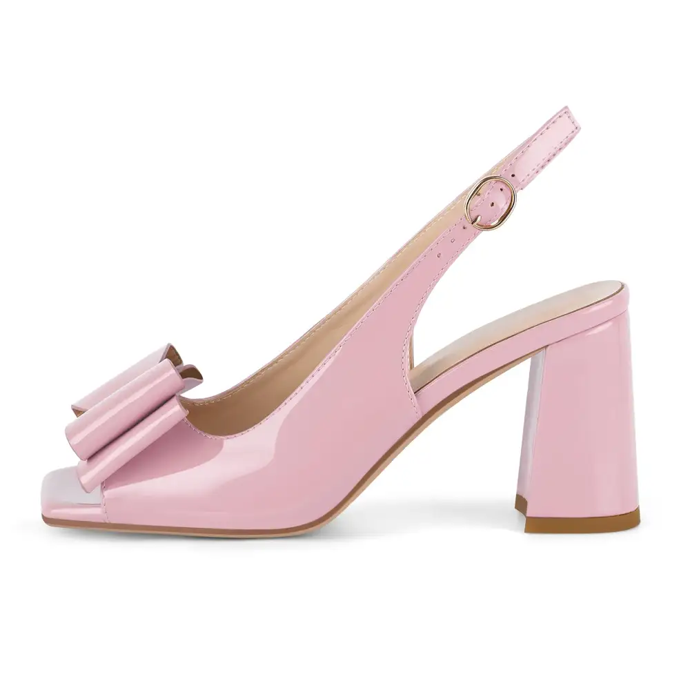 Patent Finish Bow Accent Open Toe Chunky Heel Slingback Pumps
