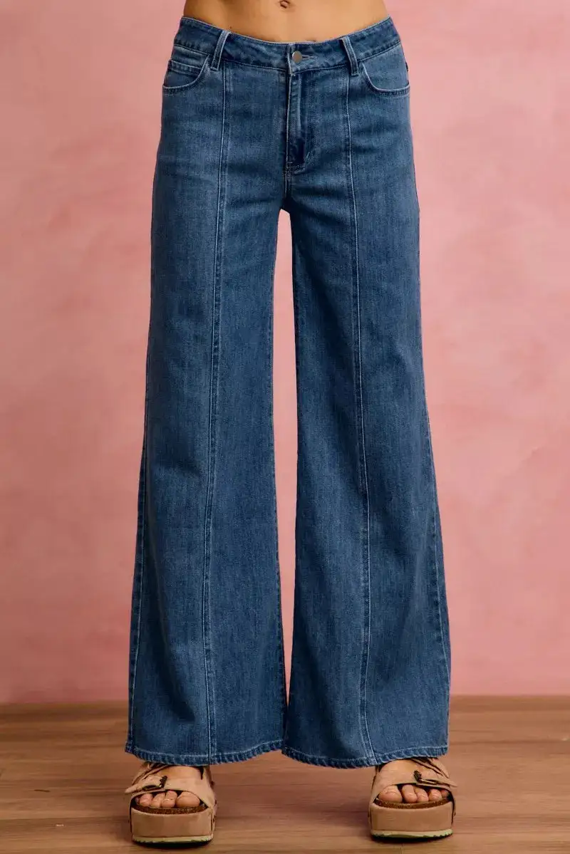 Mid Rise Seam Detail Stretch Denim Jeans