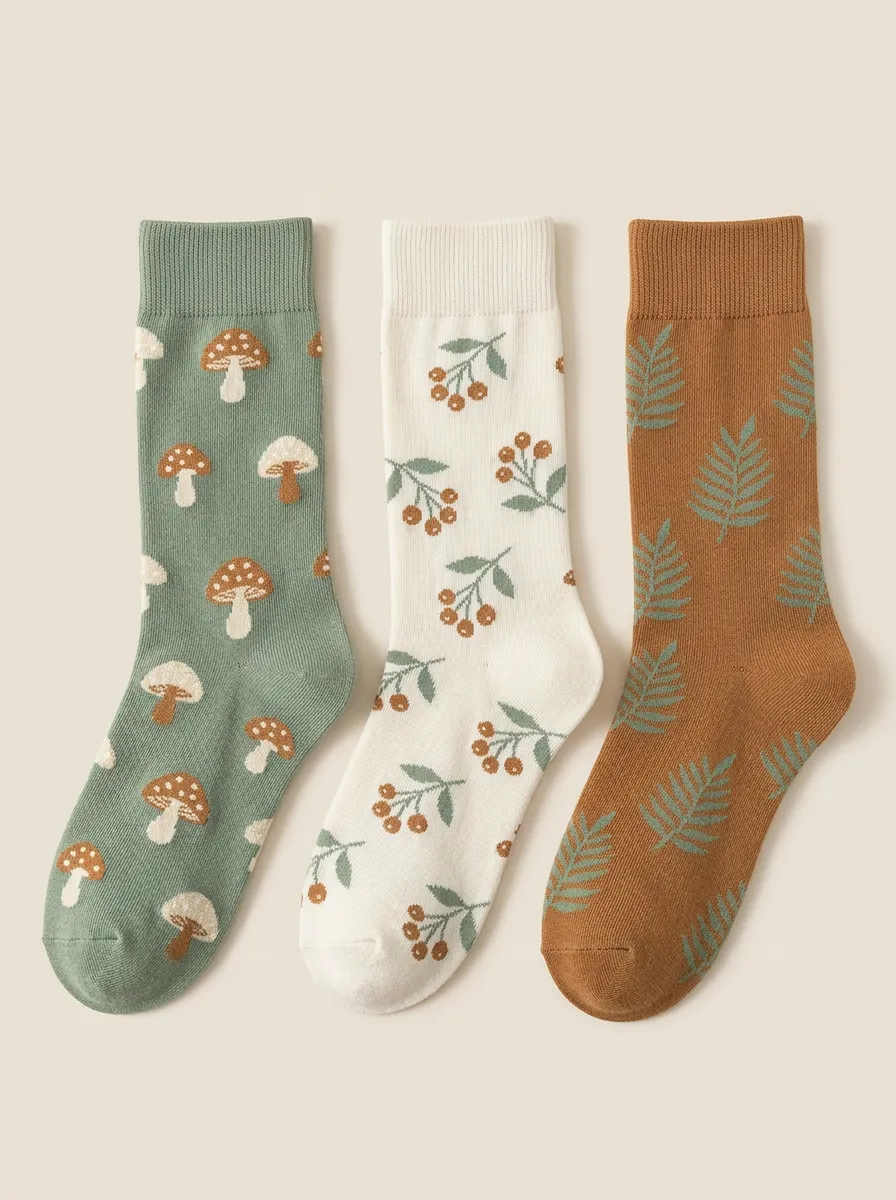 Botanical Mushroom Fern Berry Three Pair Sock Set