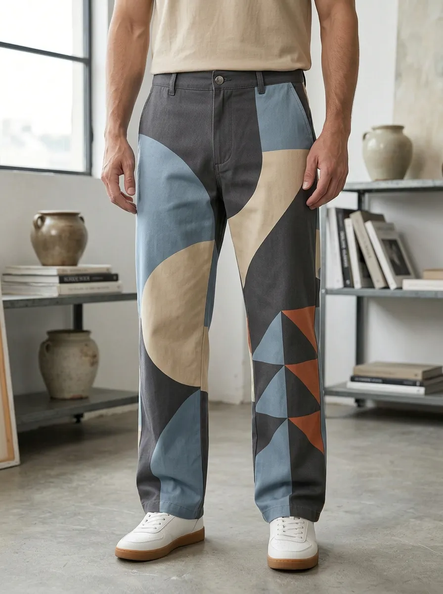 Men's Belted Geometric Print Straight-Leg Trousers