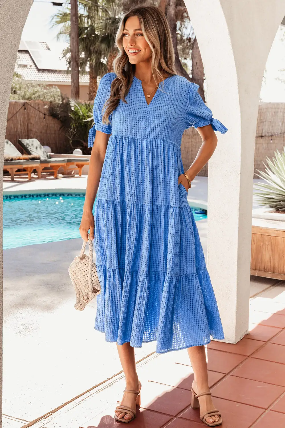 Relaxed Shape Plaid Tiered Short Sleeve Midi Dress