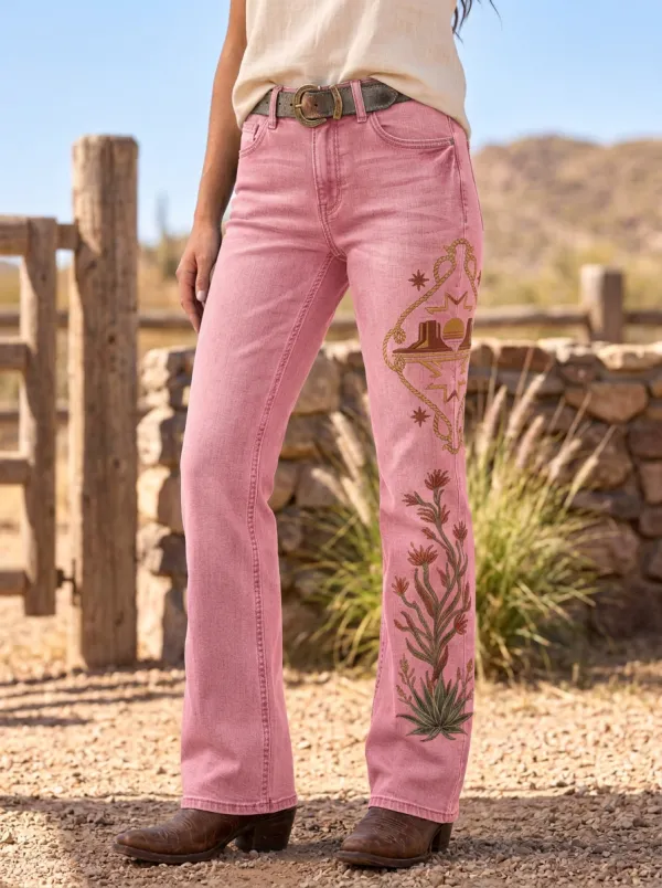 Women's Western Desert Sunset Cactus Printed Jeans