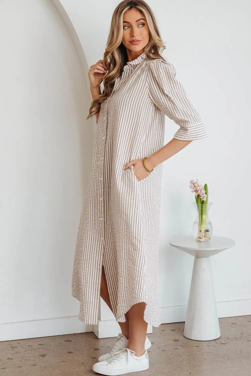 Striped Ruffle Short Sleeve Maxi Dress