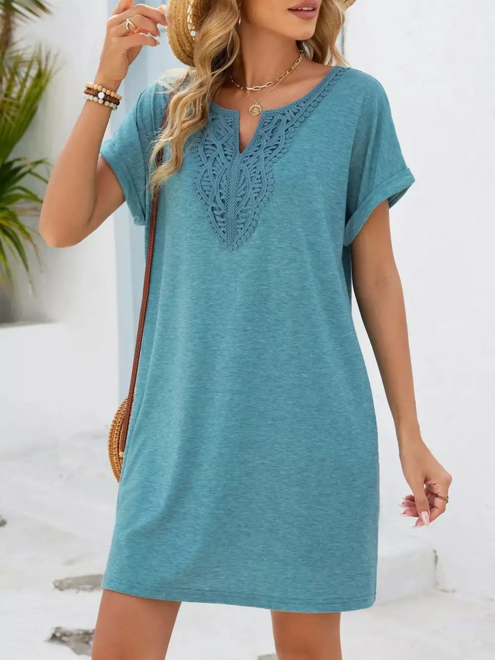 Polished Detail Lace Short Sleeve Dress