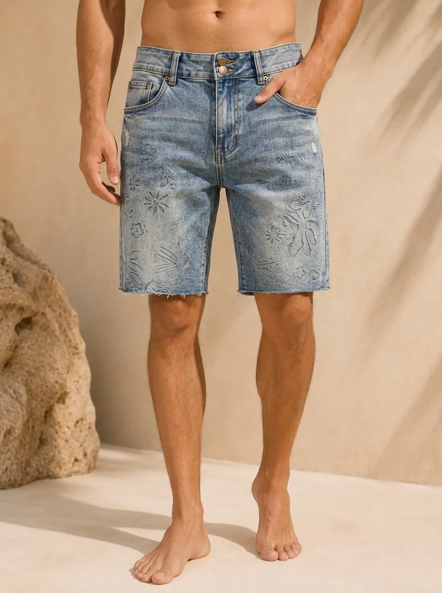 Men's Casual Summer Floral Pattern Printed Denim Shorts