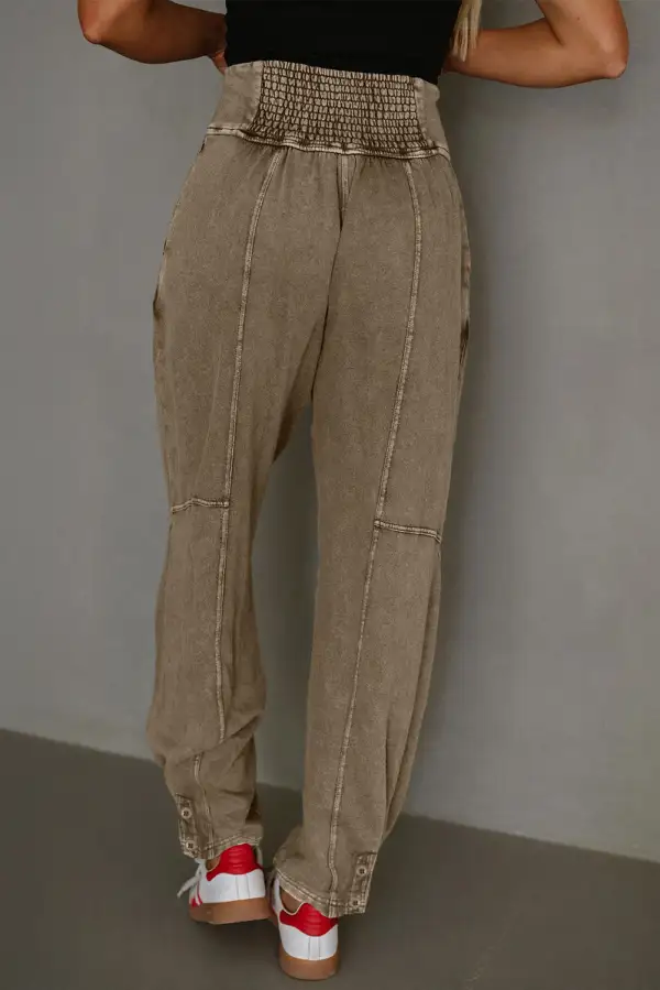 High-Waist High-Rise Relaxed-Fit Smocked-Waist Jogger Pants