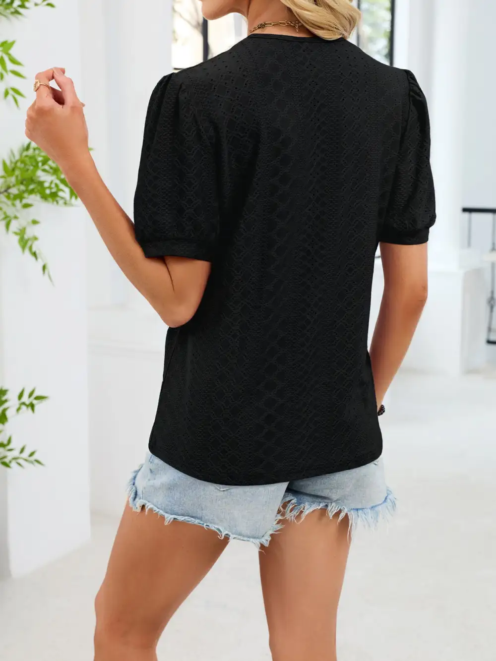 Refined V-Neck Short-Sleeve Lace-Detail T-Shirt