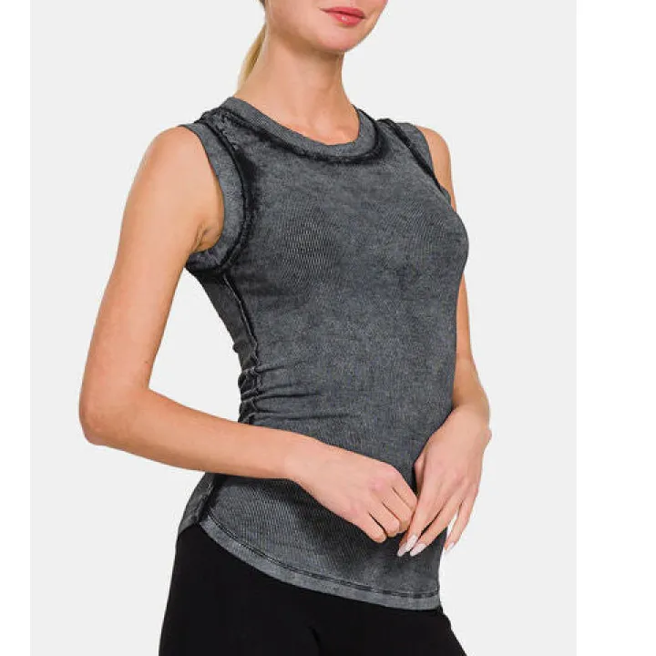 Round-Neck Ribbed Washed Tank Top