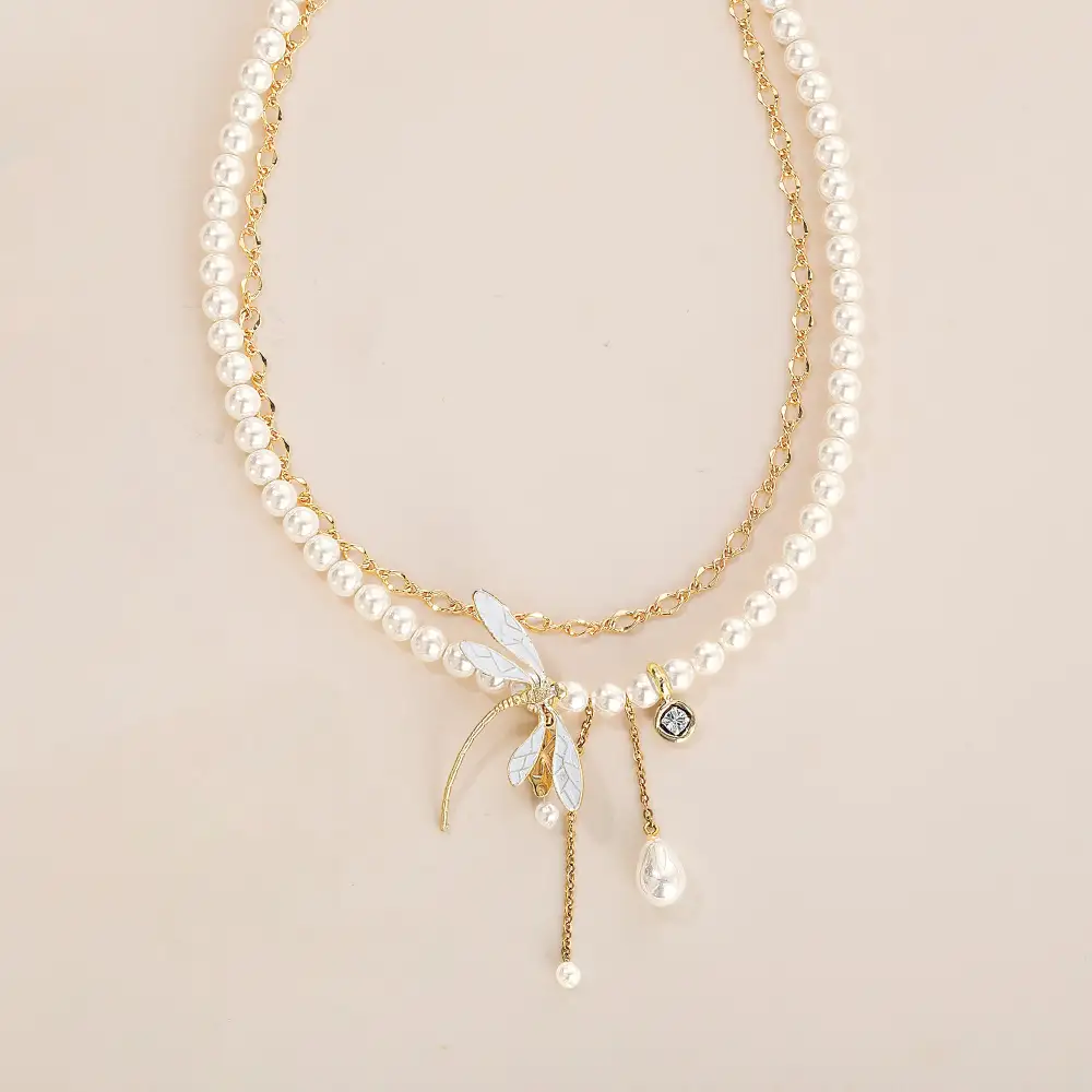 Pearl Textured Dragonfly Multi Strand Necklace