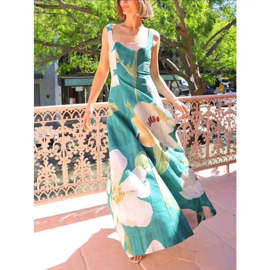 Relaxed Floral Print Square Neck Maxi Dress