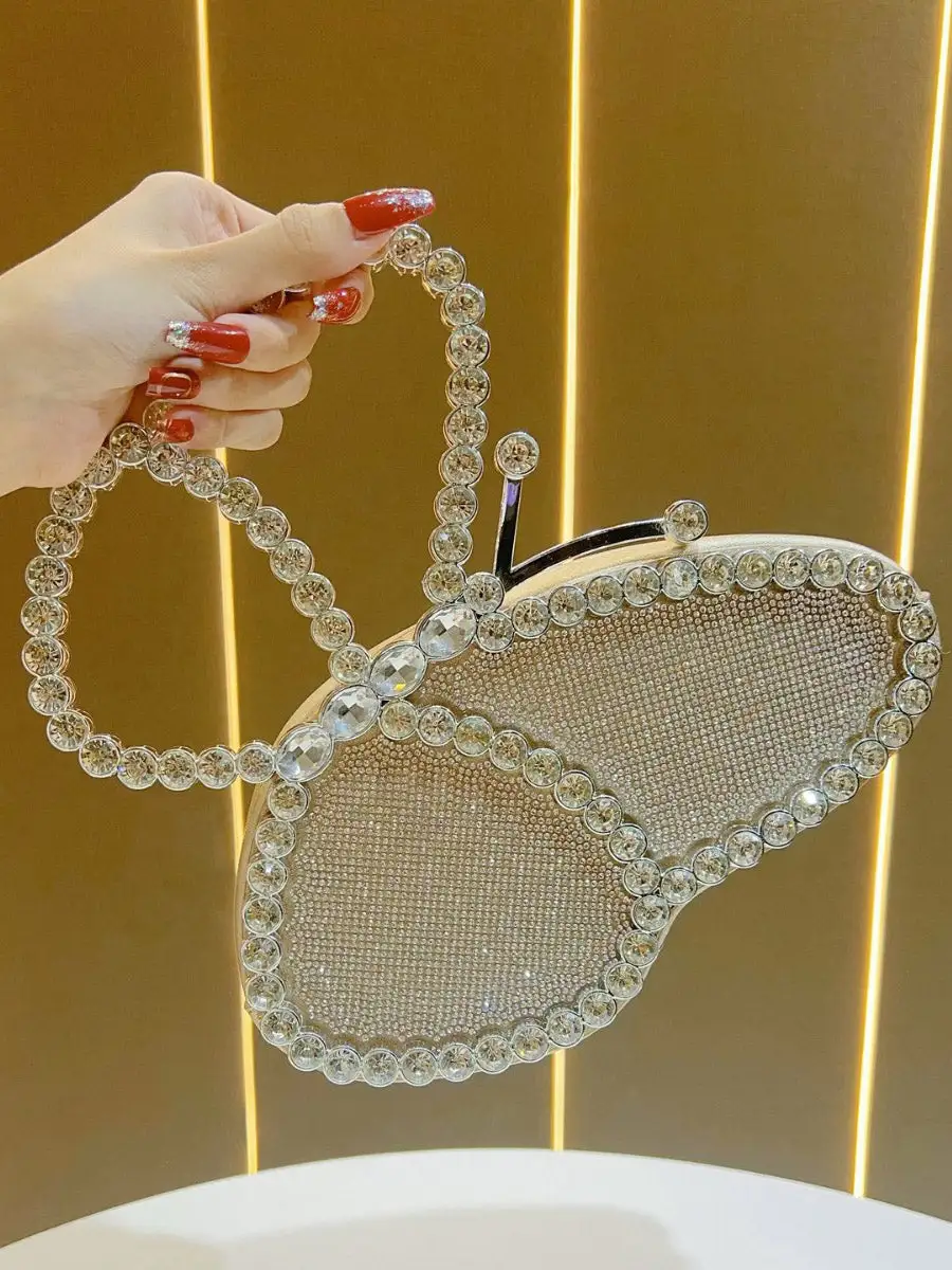 Asymmetric Bow Rhinestone Zip Clutch Bag