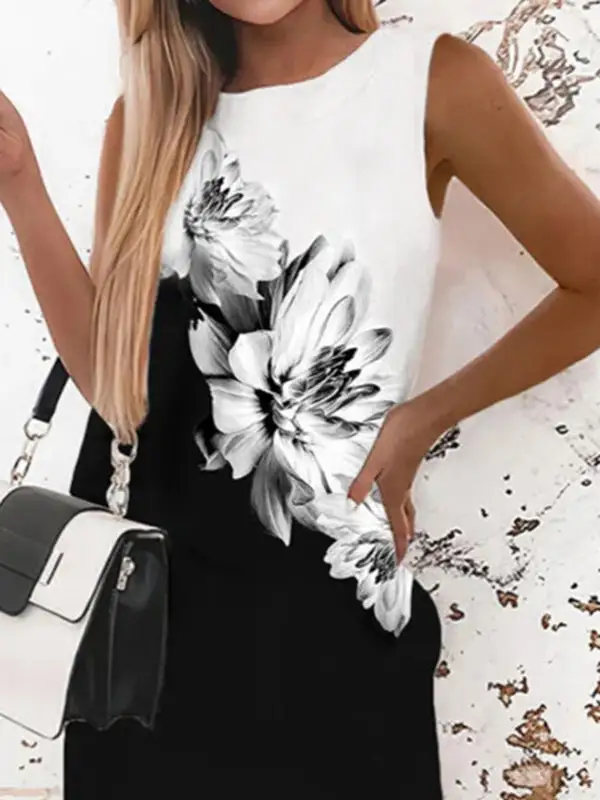 Relaxed Sleeveless Flower Print Round Neck Mini Dress