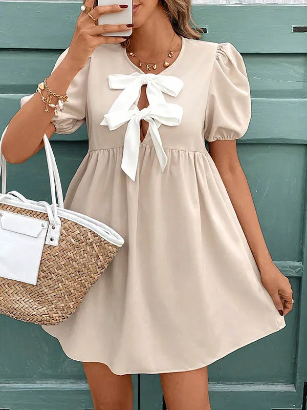 A Line Relaxed Bowknot Elasticity Pleated Round Neck Mini Dress