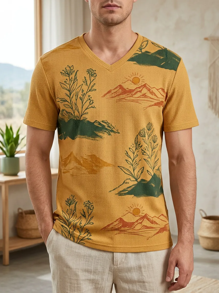 Men's Scenic Nature Lover Mountain Floral V-Neck T-Shirt