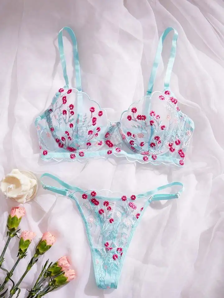 Refined Floral Embroidered Sheer Lingerie Set