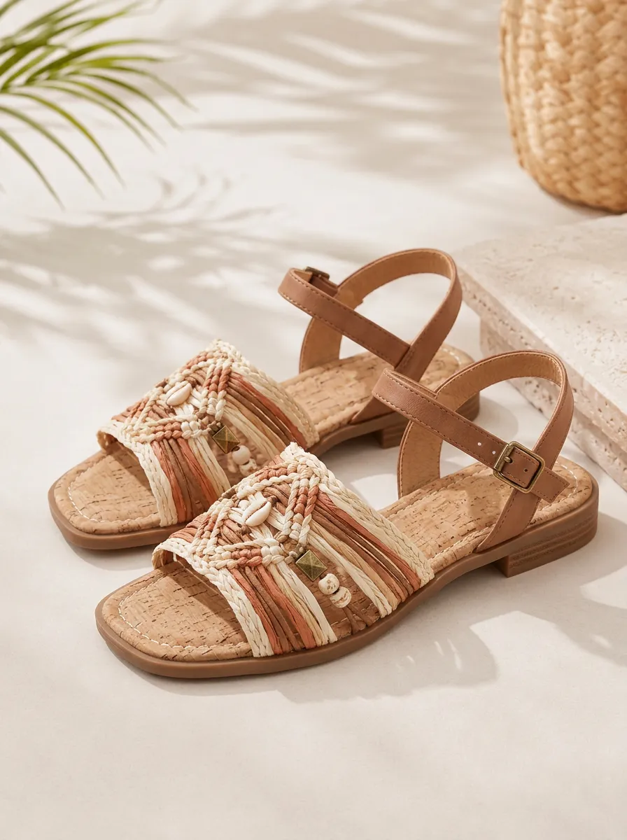Women's Boho Beach Style Macrame Shell Embellished Cork Sandals