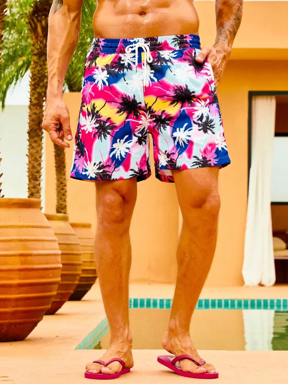 Men's Allover Coconut Tree Print Swim Trunks