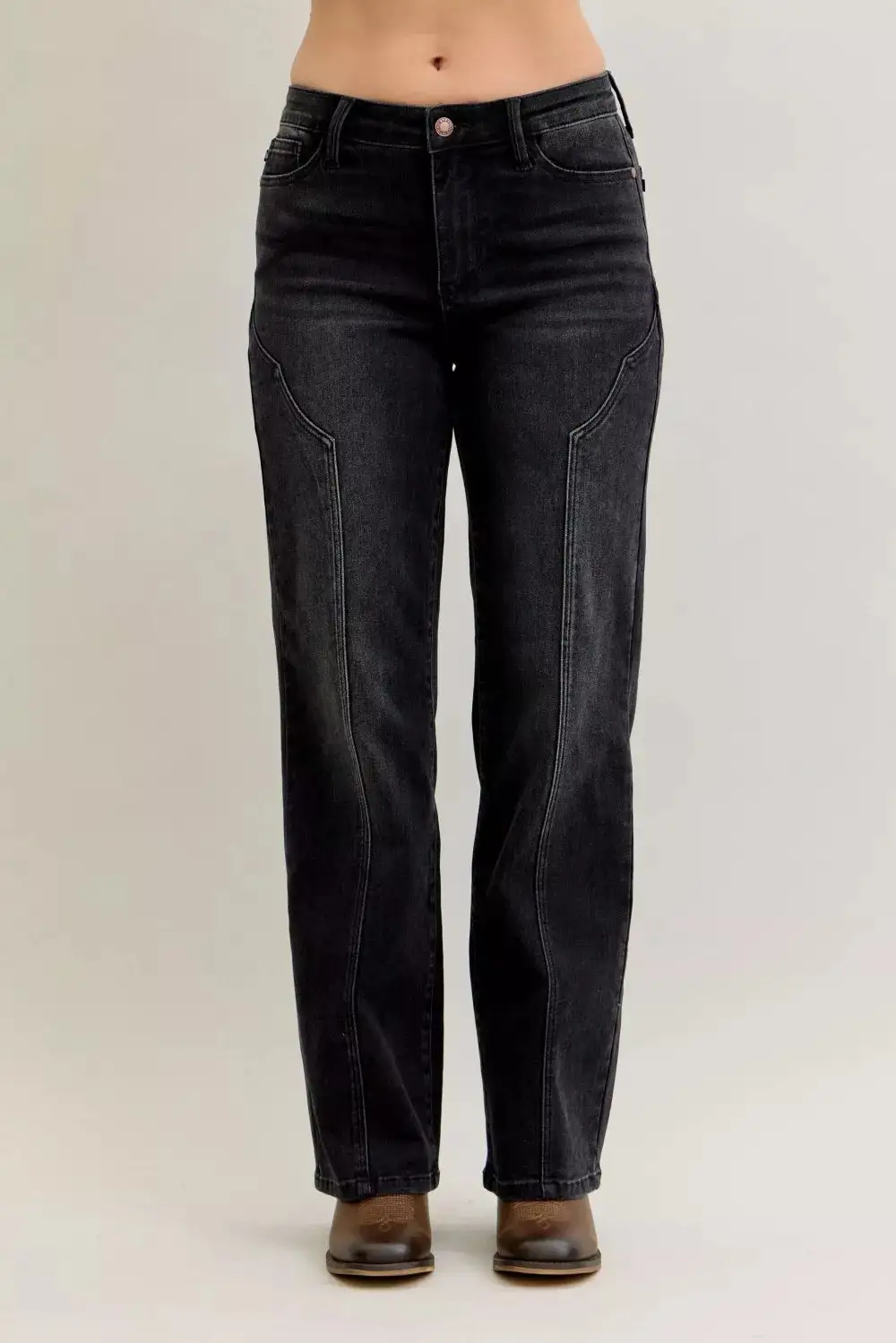 Mid Rise Straight Leg Seam Denim Jeans