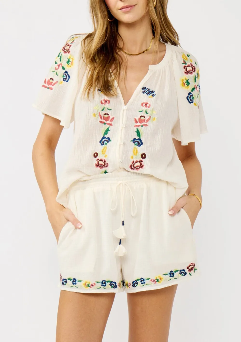 Flower Embroidered Drawstring Shorts